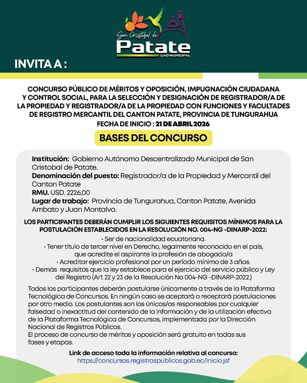 CONCURSO PUBLICO DE MERITOS Y OPOSICION, IMPUGNACION CIUDADANA Y CONTROL SOCIAL, PARA LA SELECCIÓN Y DESIGNACIÓN DE REGISTRADOR/A DE LA PROPIEDAD Y REGISTRADOR/A DE LA PROPIEDAD CON FUNCIONES Y FACULTADES DE REGISTRO MERCANTIL 